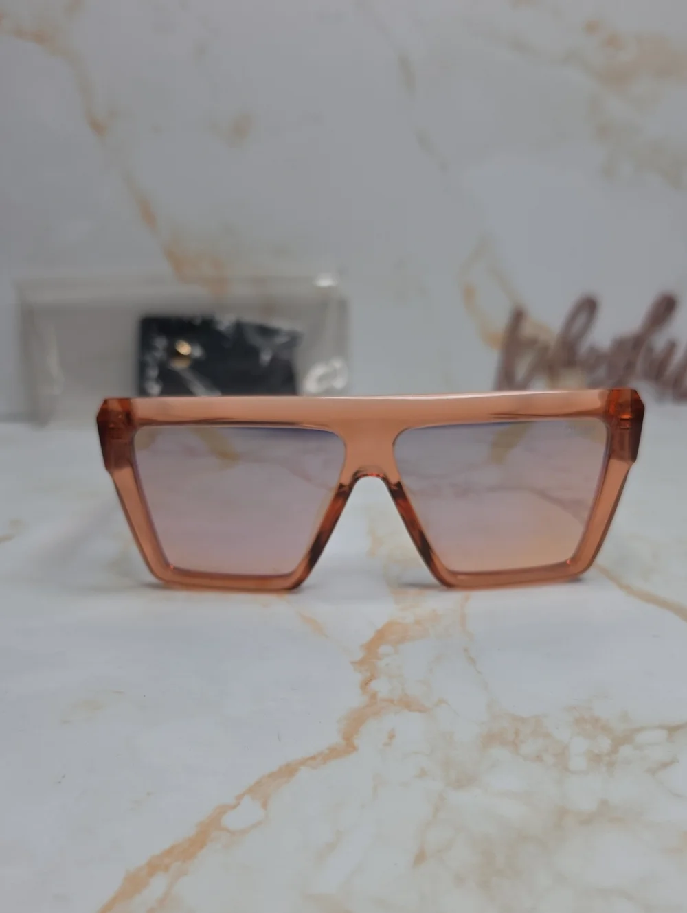 QUAY Base Line Sunglasses Blush Flat Brow Frame Champagne Mirror Lens